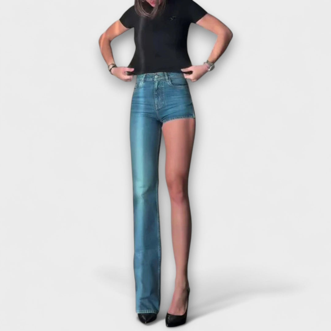 Astra - Muodikkaat asymmetriset denimshortsit yhdellä olkaremmillä