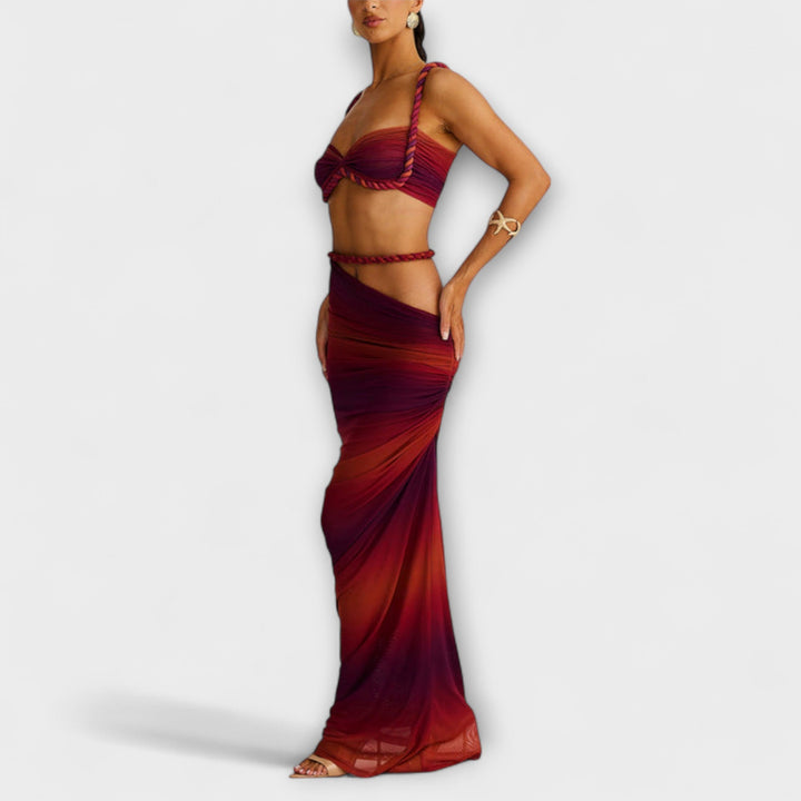 Jane - Tyylikäs gradientti Flet crop-top ja yllähelmainen setti