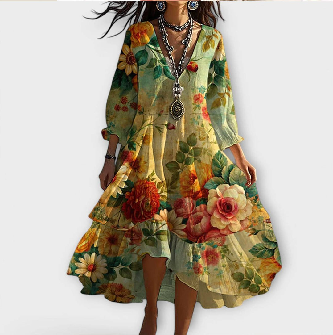 Marina - Vintage Boho Kukallinen V-aukkoinen Mekko