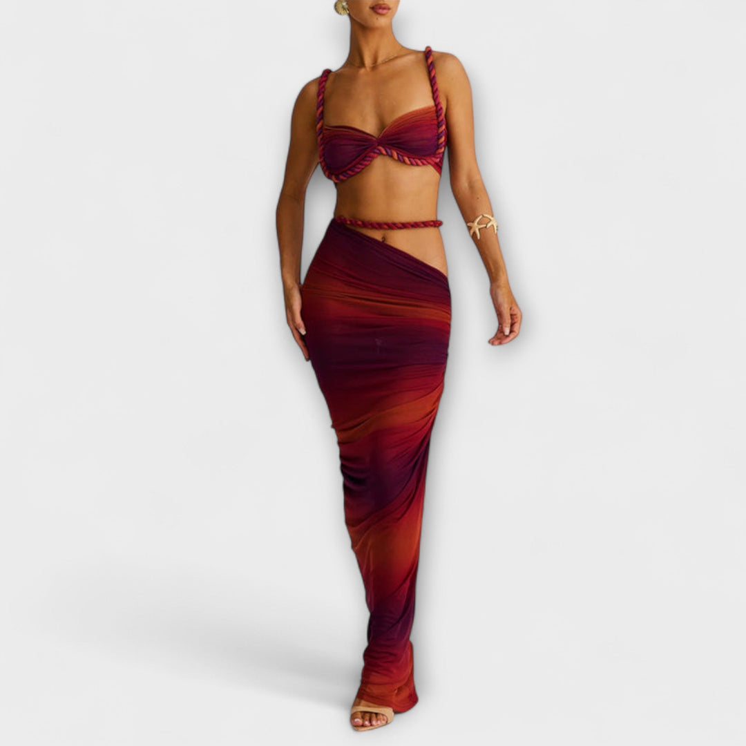 Jane - Tyylikäs gradientti Flet crop-top ja yllähelmainen setti