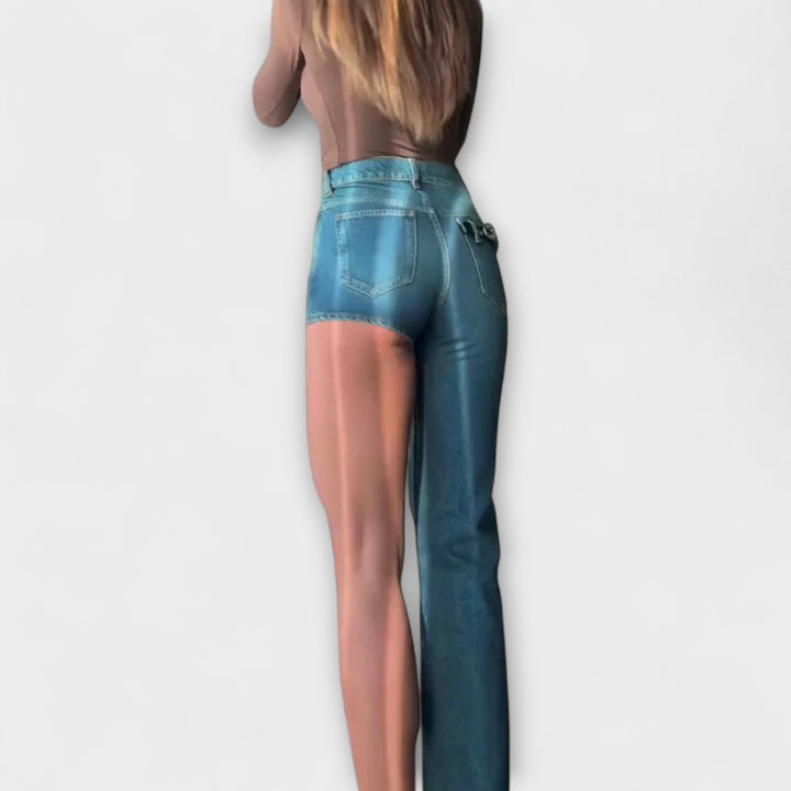 Astra - Muodikkaat asymmetriset denimshortsit yhdellä olkaremmillä