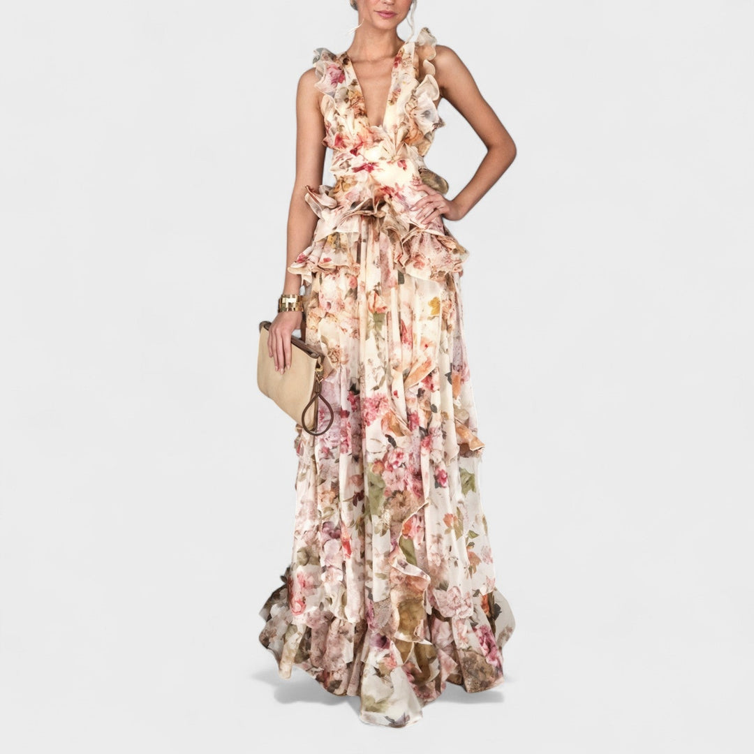Isabela | Duga kukkivolainen ruffles-mekko