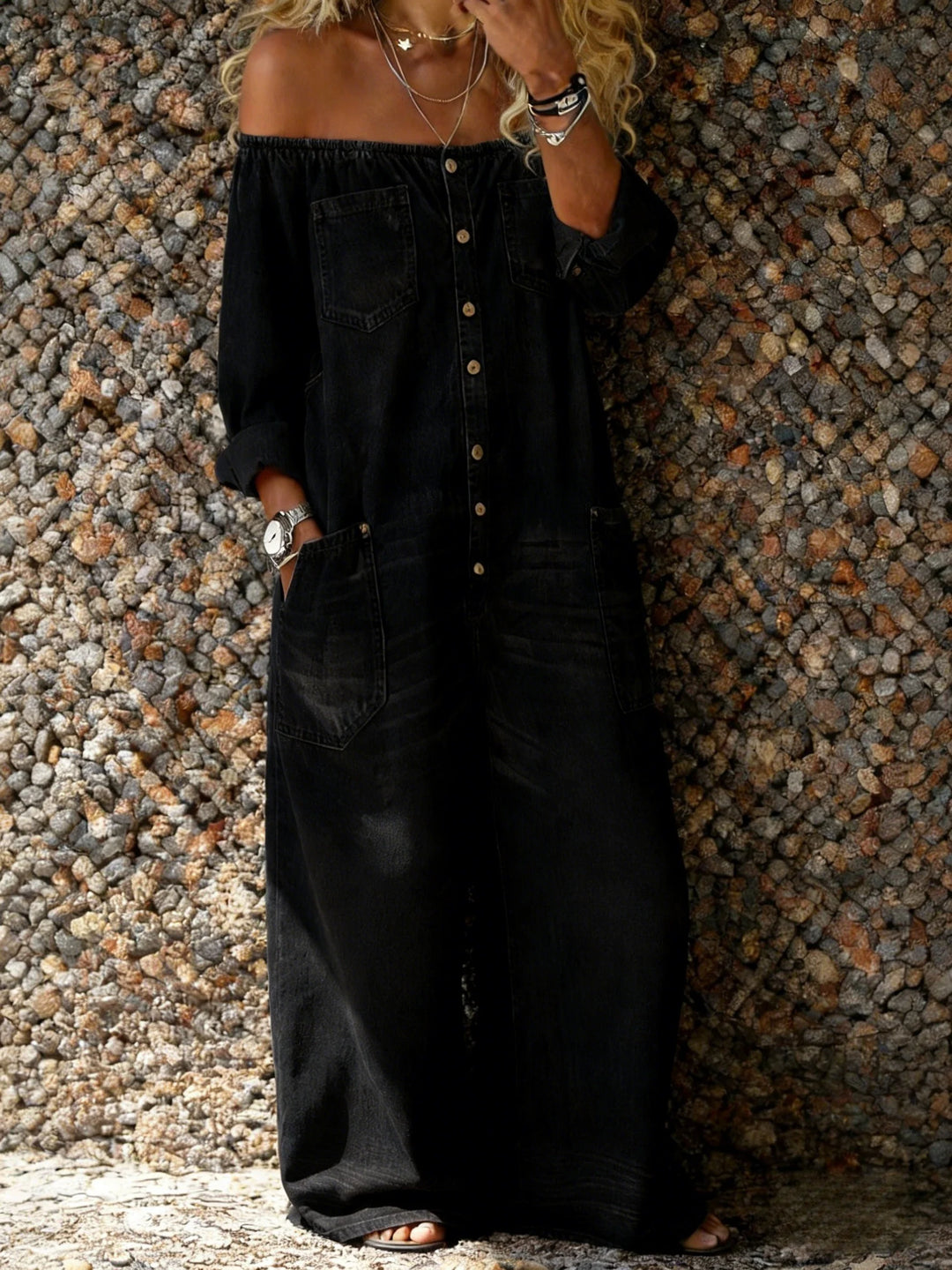 Noa | Denim Yksiosainen Puku Off-Shoulder Kaula-aukolla